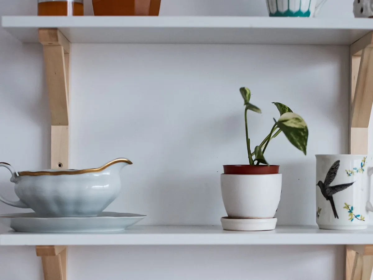 Open wood shelving with baskets and storage containers